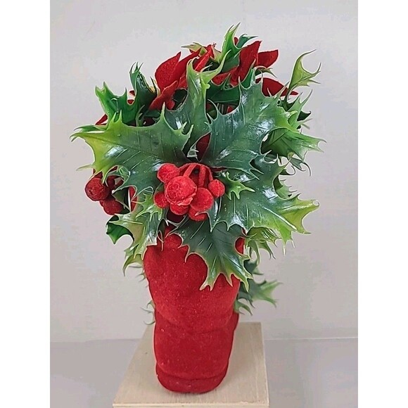 Vintage 8.5" Red Flocked Boot With Poinsettias - Picture 4 of 7